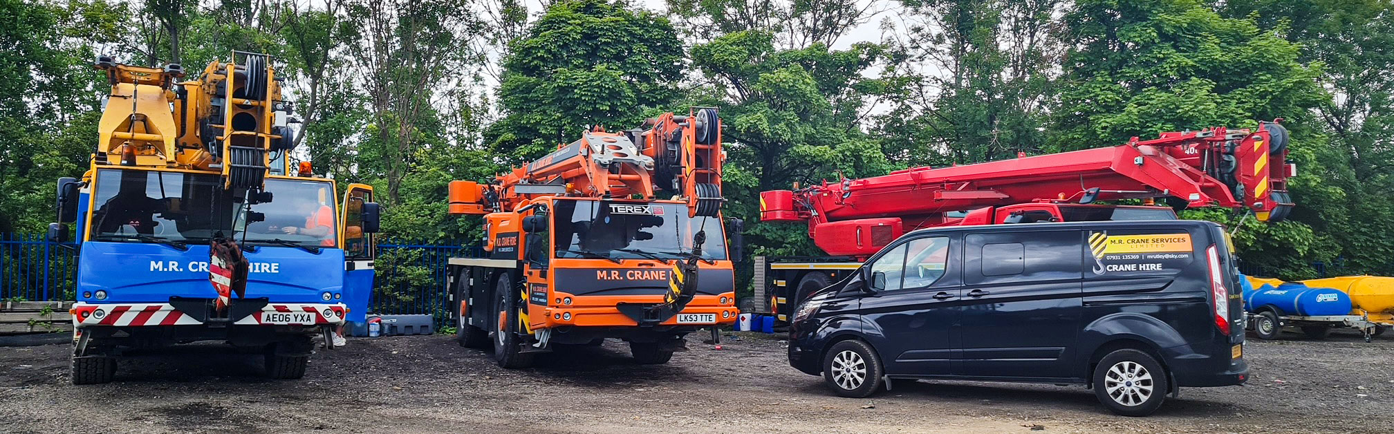 M.R. Crane Hire's three Terex Cranes and support vehicle at yard in Teesside.